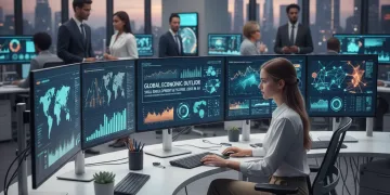 Analyst viewing advanced data visualization dashboards on multiple screens