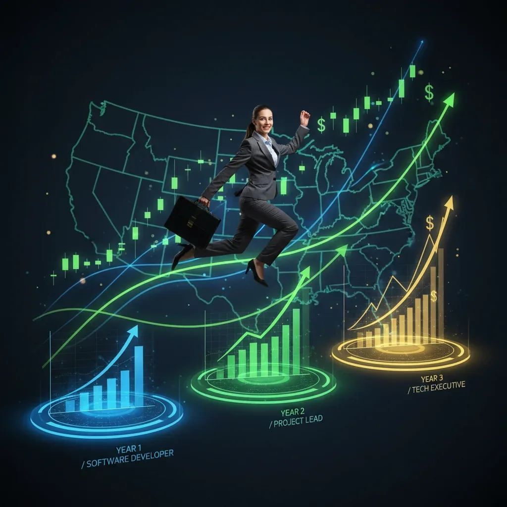 Professional woman leaping between jobs for salary increase