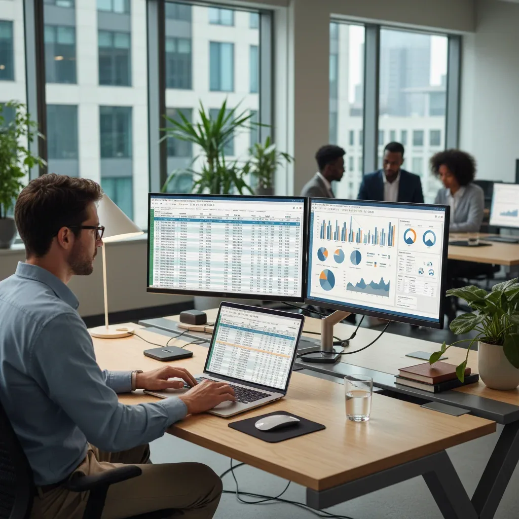 Professional analyzing complex data in Excel spreadsheet on laptop