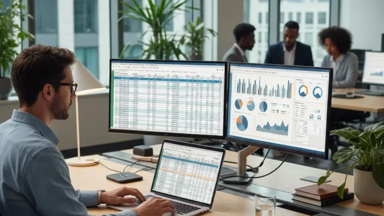 Professional analyzing complex data in Excel spreadsheet on laptop