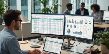Professional analyzing complex data in Excel spreadsheet on laptop