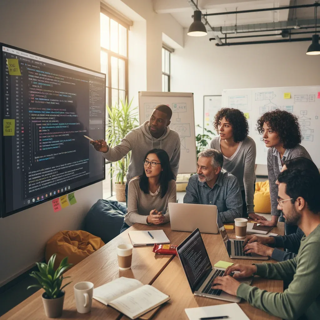 Team collaborating on a web development project using JavaScript