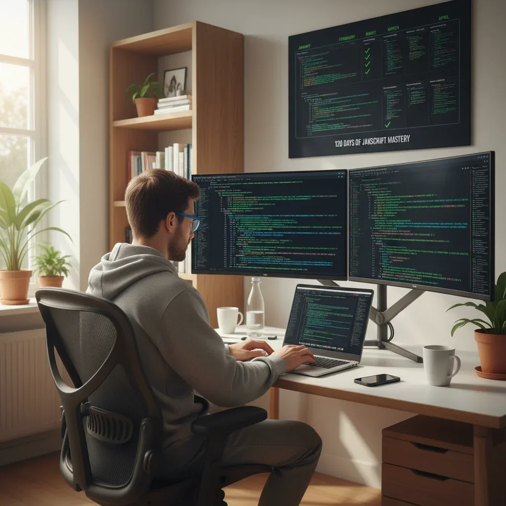Person coding JavaScript on laptop, accelerating skills with project-based learning