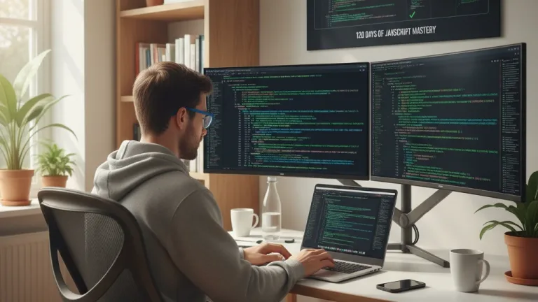 Person coding JavaScript on laptop, accelerating skills with project-based learning