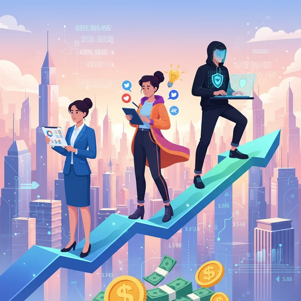 Illustration of professionals on a rising graph, symbolizing quick career paths with high salary growth potential by 2026.