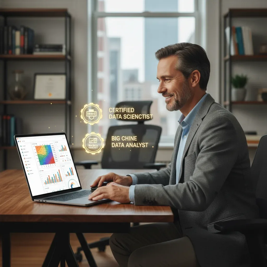 Professional displaying data science certification badges on a laptop screen.