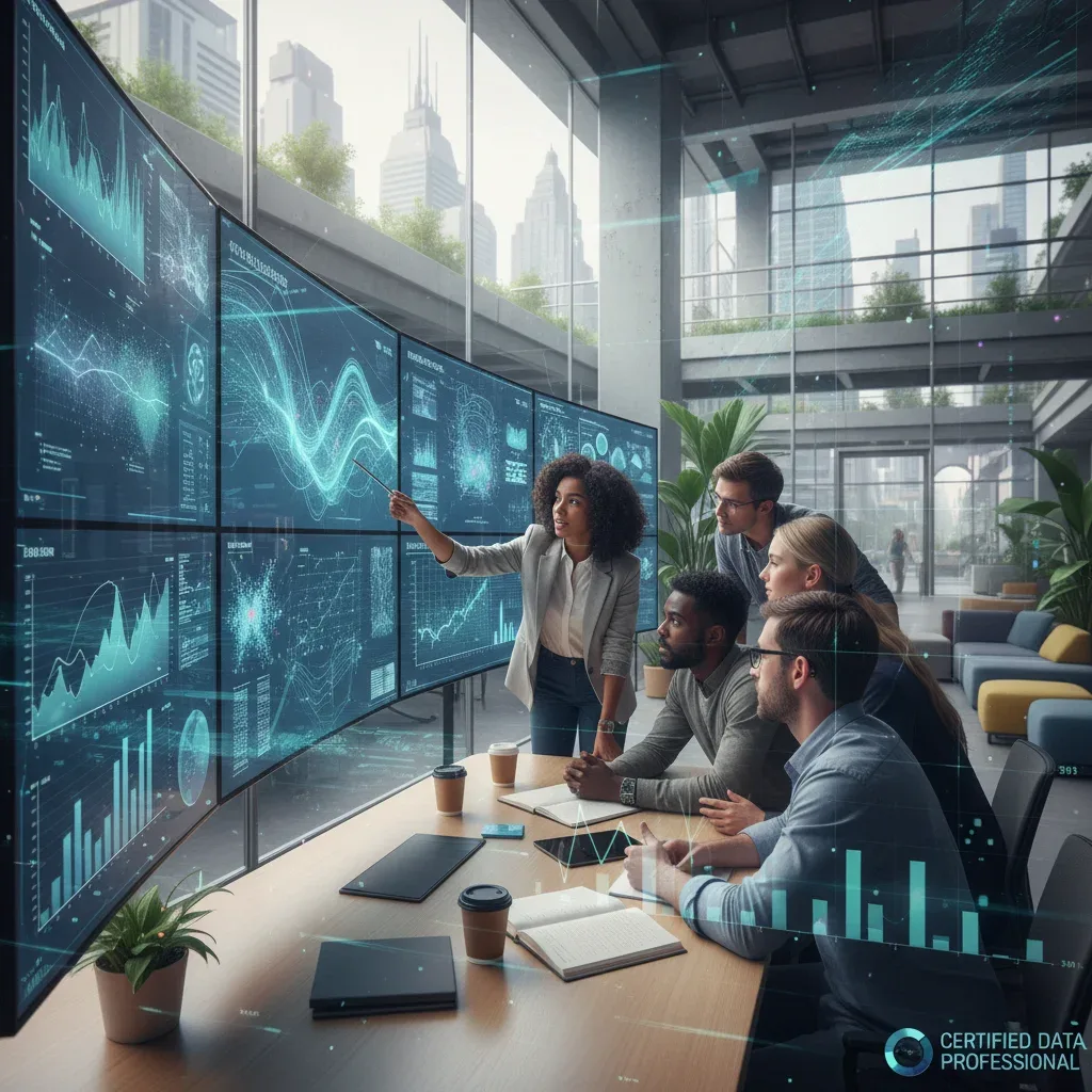 Data scientists analyzing complex data on multiple screens in a collaborative office environment.