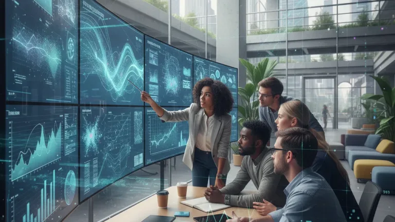Data scientists analyzing complex data on multiple screens in a collaborative office environment.