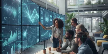 Data scientists analyzing complex data on multiple screens in a collaborative office environment.