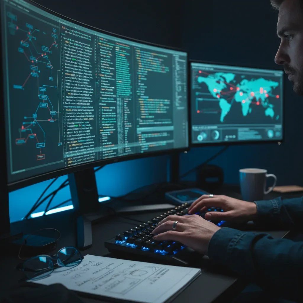 Cybersecurity analyst working on complex network security, representing high-demand tech skills.