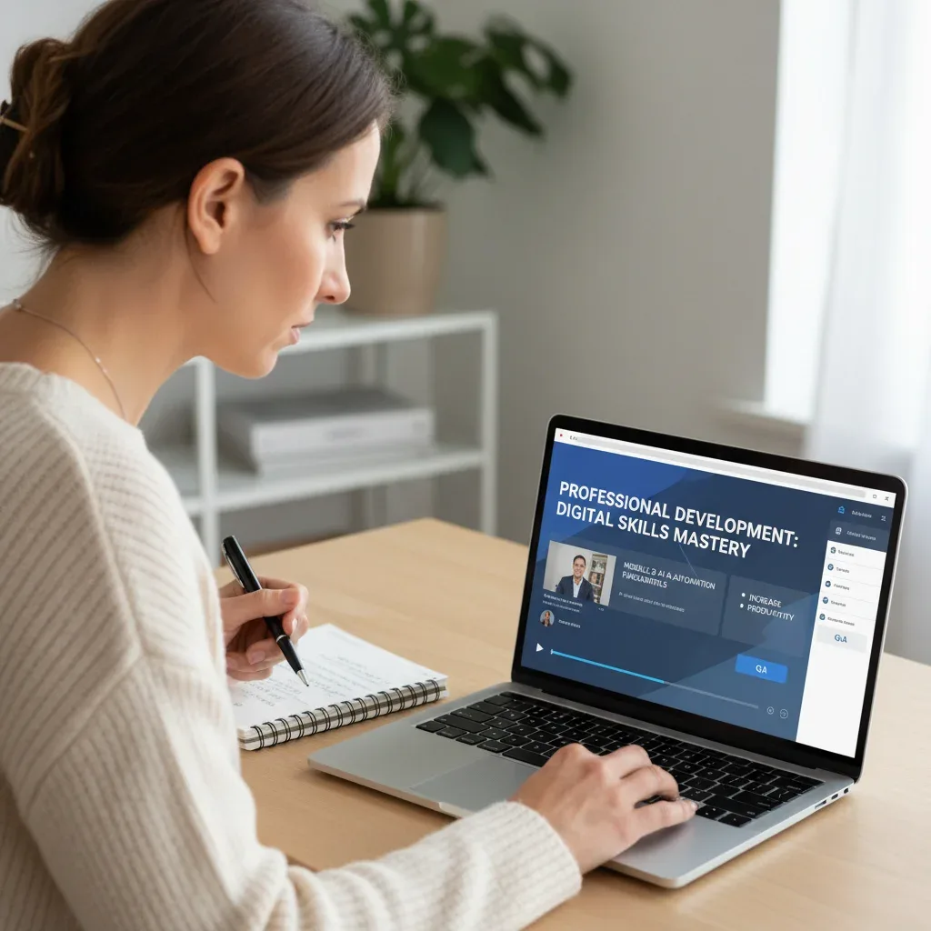 Professional engaging in online skill development course for career advancement.