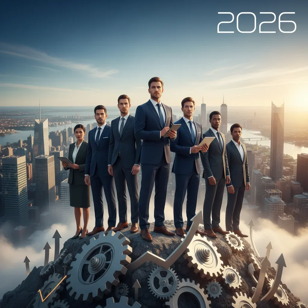 Professionals on a mountain peak, symbolizing career growth and overcoming plateaus by 2026.