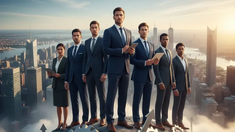 Professionals on a mountain peak, symbolizing career growth and overcoming plateaus by 2026.