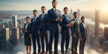 Professionals on a mountain peak, symbolizing career growth and overcoming plateaus by 2026.