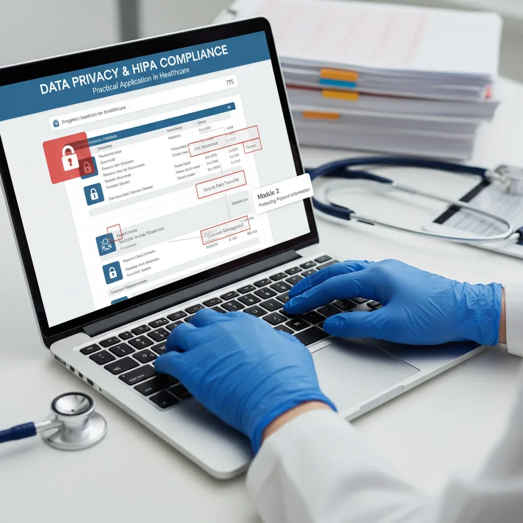 Healthcare professional engaging with a digital compliance training module on a laptop.