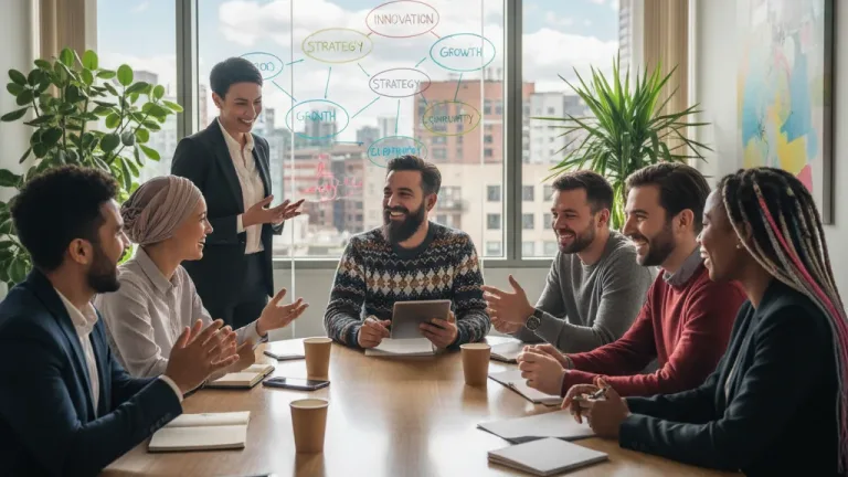 Diverse professionals collaborating in a modern office setting, symbolizing enhanced emotional intelligence and teamwork.