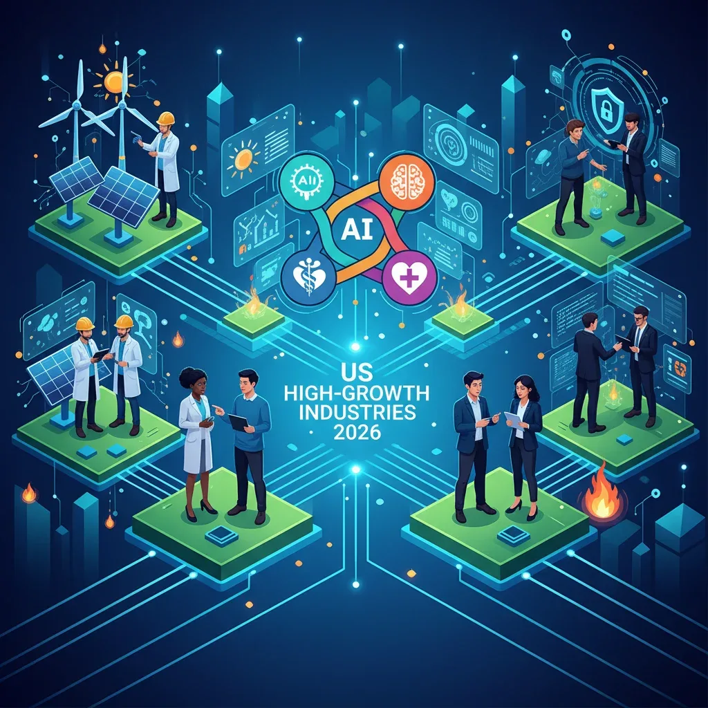 Illustration of high-growth US industries like tech, healthcare, and green energy