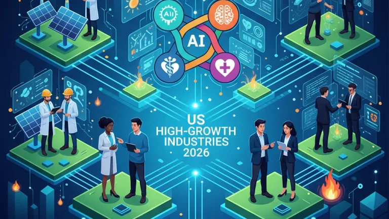 Illustration of high-growth US industries like tech, healthcare, and green energy