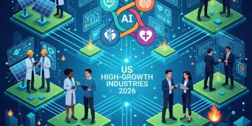 Illustration of high-growth US industries like tech, healthcare, and green energy