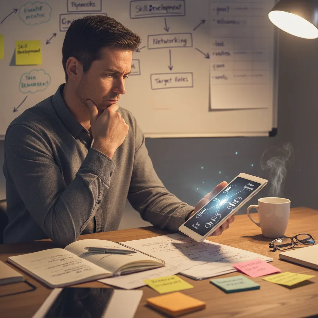 Individual planning strategic career change, reviewing options and skills.