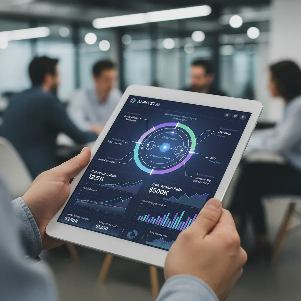 Hands interacting with AI-powered analytics tablet