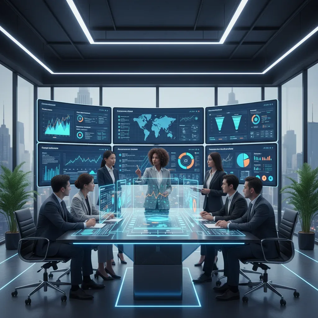 Marketing team analyzing digital analytics dashboard