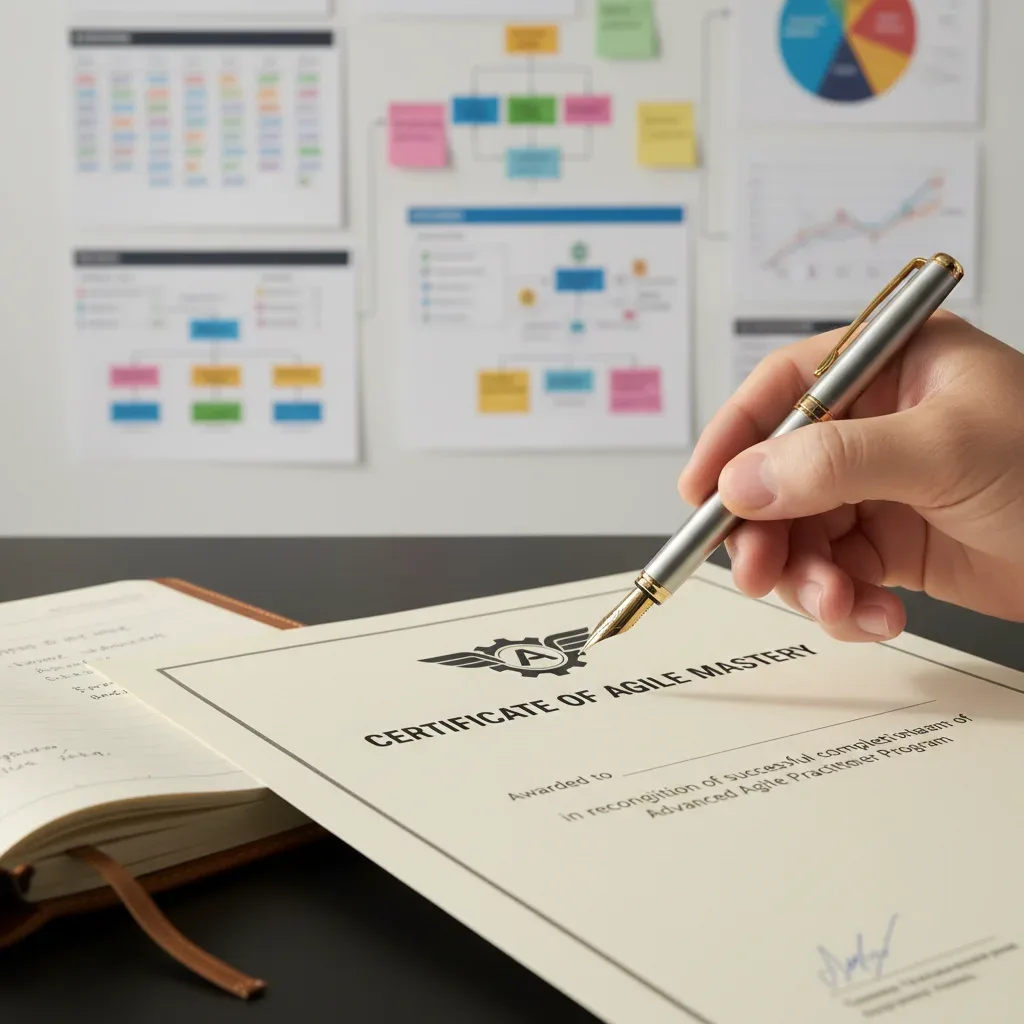 Hand holding a pen over a certification document, symbolizing achievement and knowledge acquisition in agile methodologies.