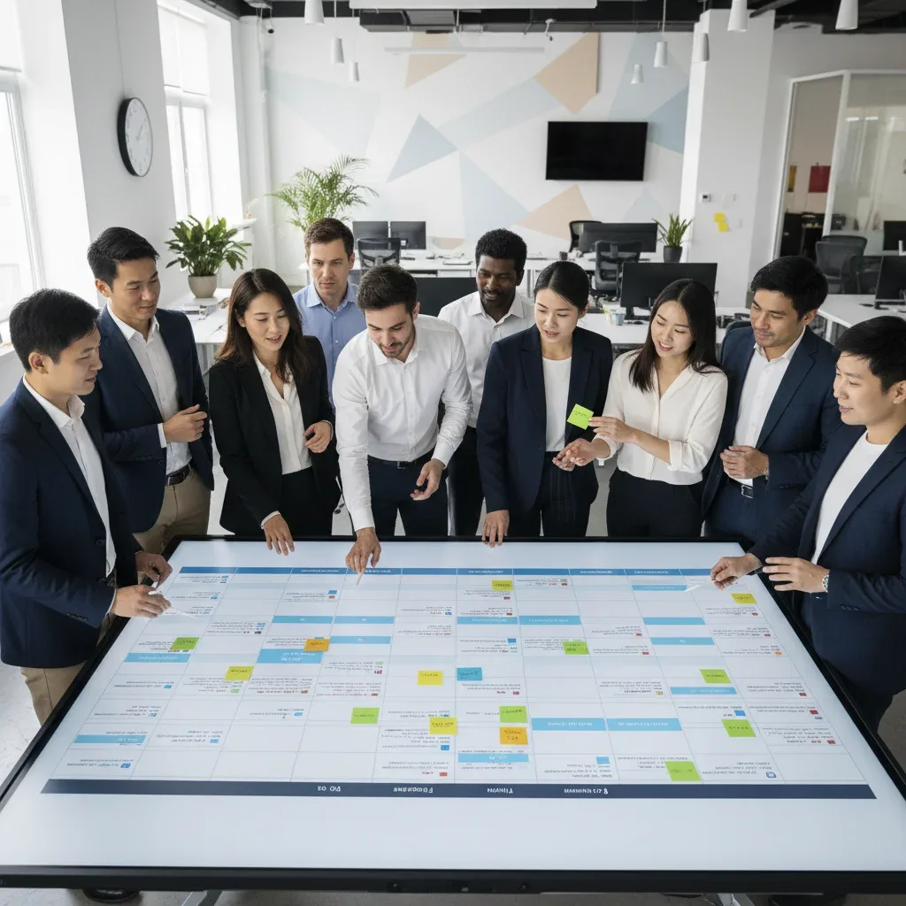 Professionals collaborating on an agile project board with sticky notes and digital tasks, demonstrating teamwork and innovation.
