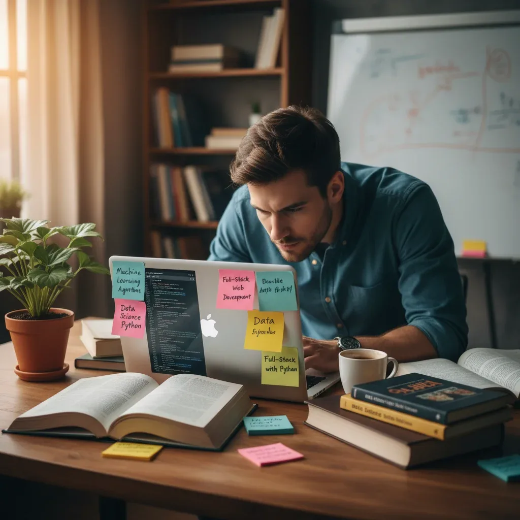 Individual studying diligently on a laptop to acquire new tech skills