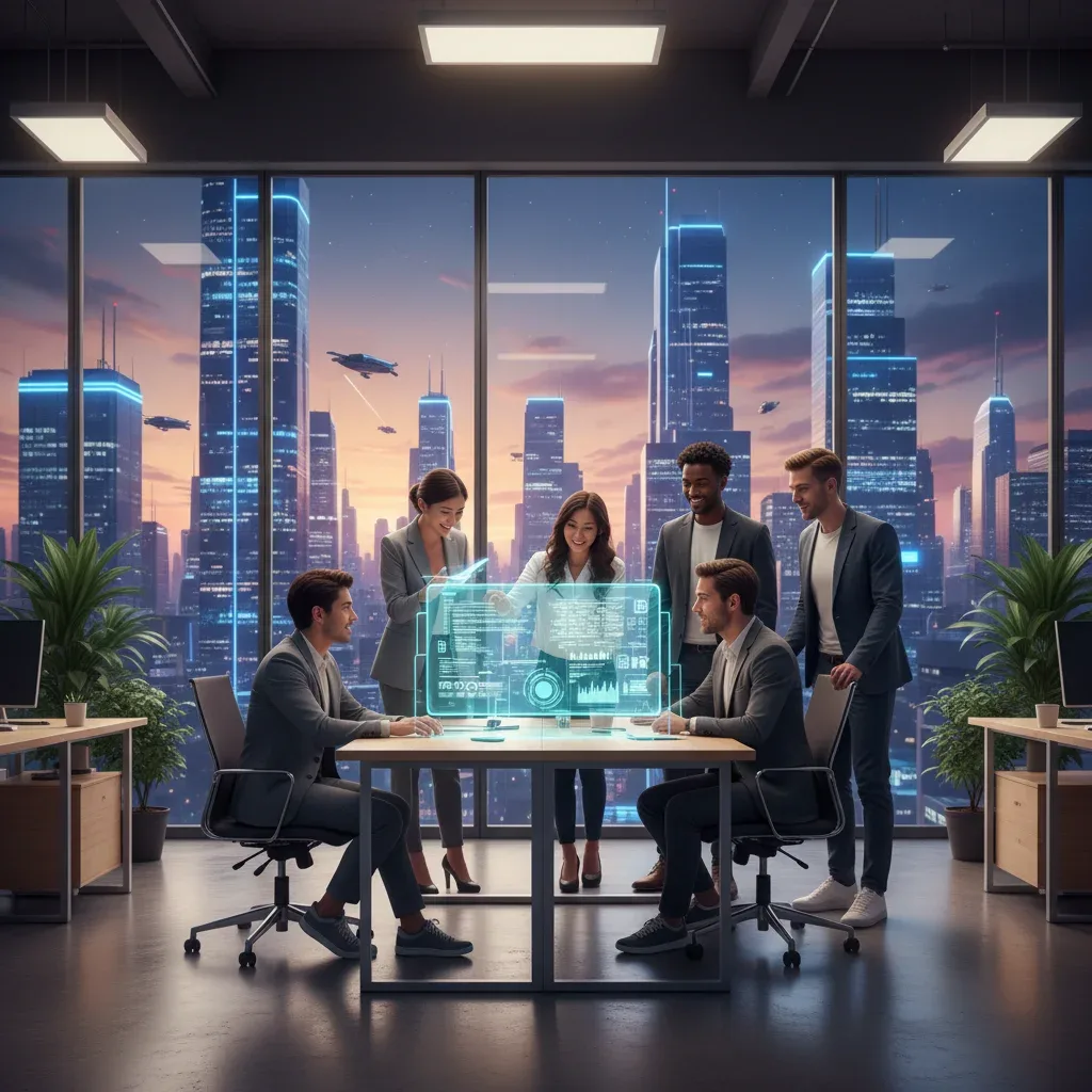 Young professionals collaborating on a holographic tech project, symbolizing a quick career launch in 2026