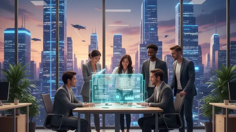 Young professionals collaborating on a holographic tech project, symbolizing a quick career launch in 2026
