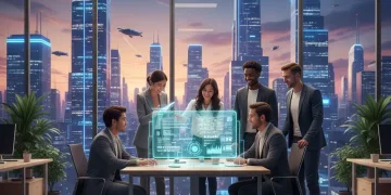 Young professionals collaborating on a holographic tech project, symbolizing a quick career launch in 2026