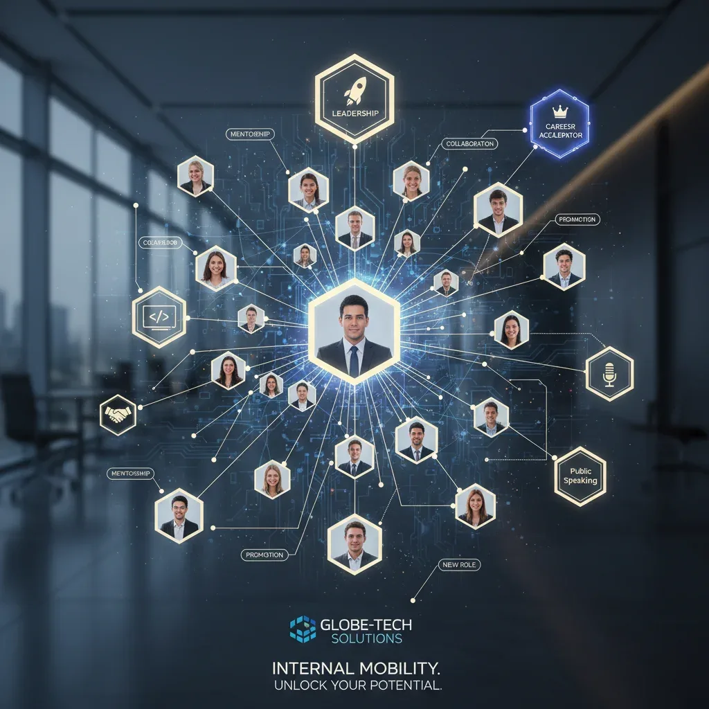 Interconnected professional network and skill badges, showing internal mobility connections.