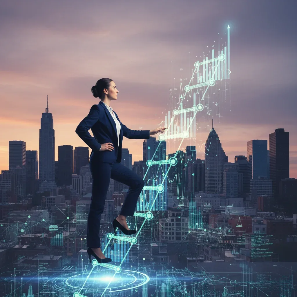 Professional woman ascending data-driven corporate ladder, symbolizing internal mobility and promotion in US corporations.