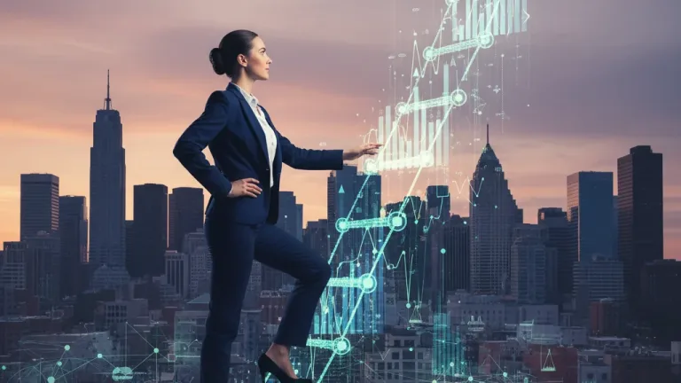 Professional woman ascending data-driven corporate ladder, symbolizing internal mobility and promotion in US corporations.