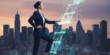 Professional woman ascending data-driven corporate ladder, symbolizing internal mobility and promotion in US corporations.