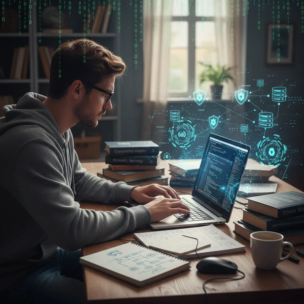 Focused student preparing for CompTIA Security+ exam with laptop and study materials
