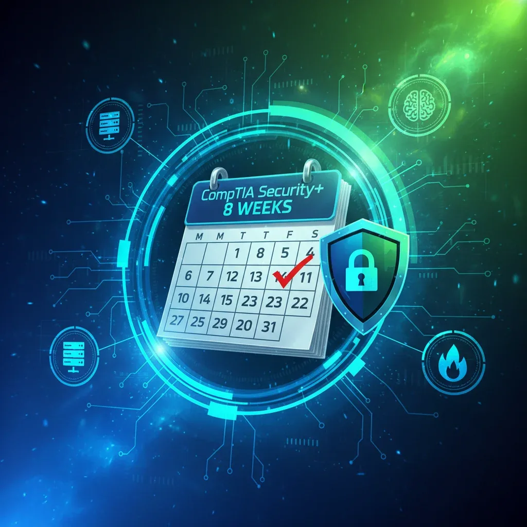 CompTIA Security+ certification 8-week study plan calendar with cybersecurity icons
