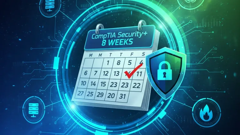 CompTIA Security+ certification 8-week study plan calendar with cybersecurity icons