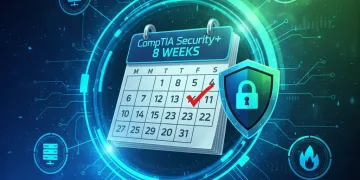 CompTIA Security+ certification 8-week study plan calendar with cybersecurity icons