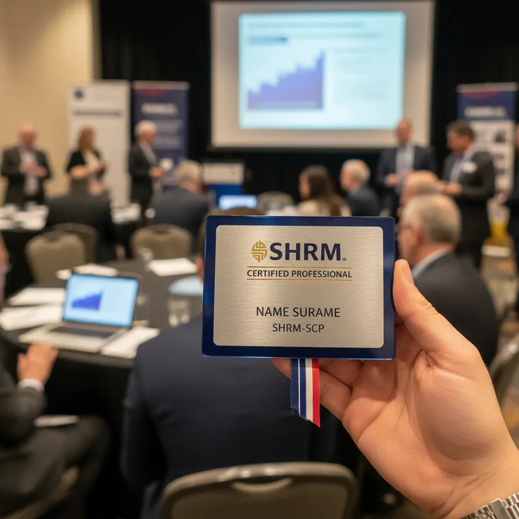 Hand holding SHRM certification badge at professional event.