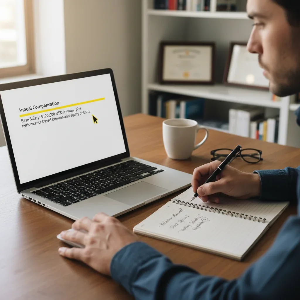 Person analyzing job offer details on a laptop to prepare for salary negotiation.