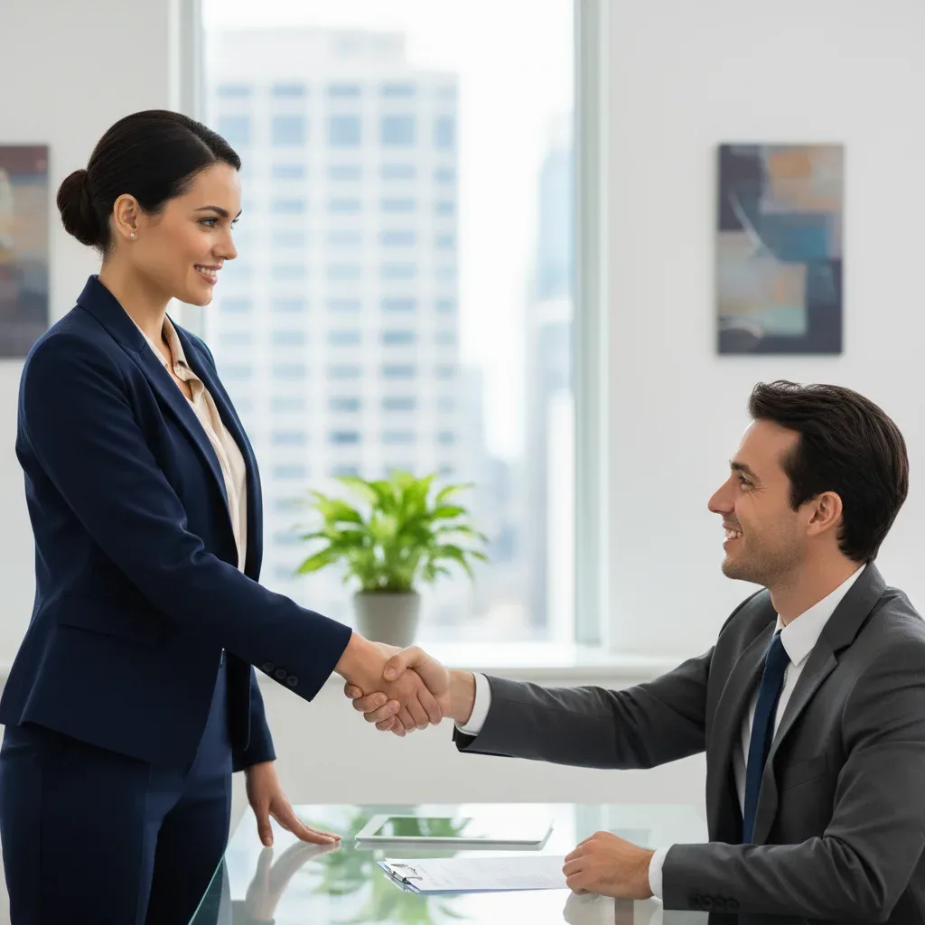 Professional woman shaking hands after successful salary negotiation in a US office.