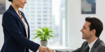 Professional woman shaking hands after successful salary negotiation in a US office.