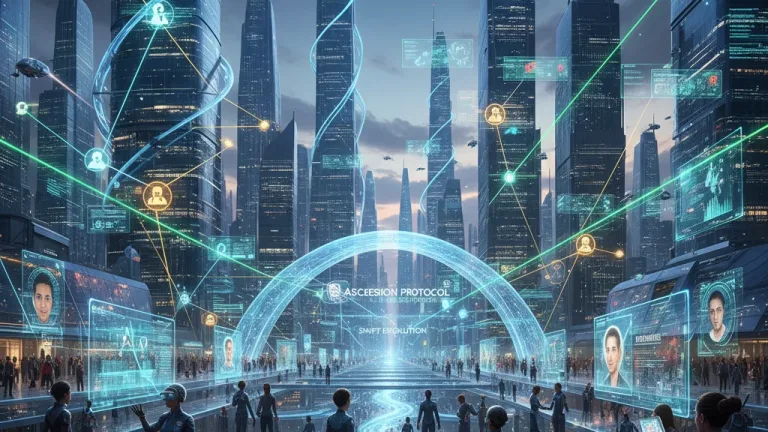 Futuristic cityscape with digital career paths and innovative technology, symbolizing the future of quick careers.
