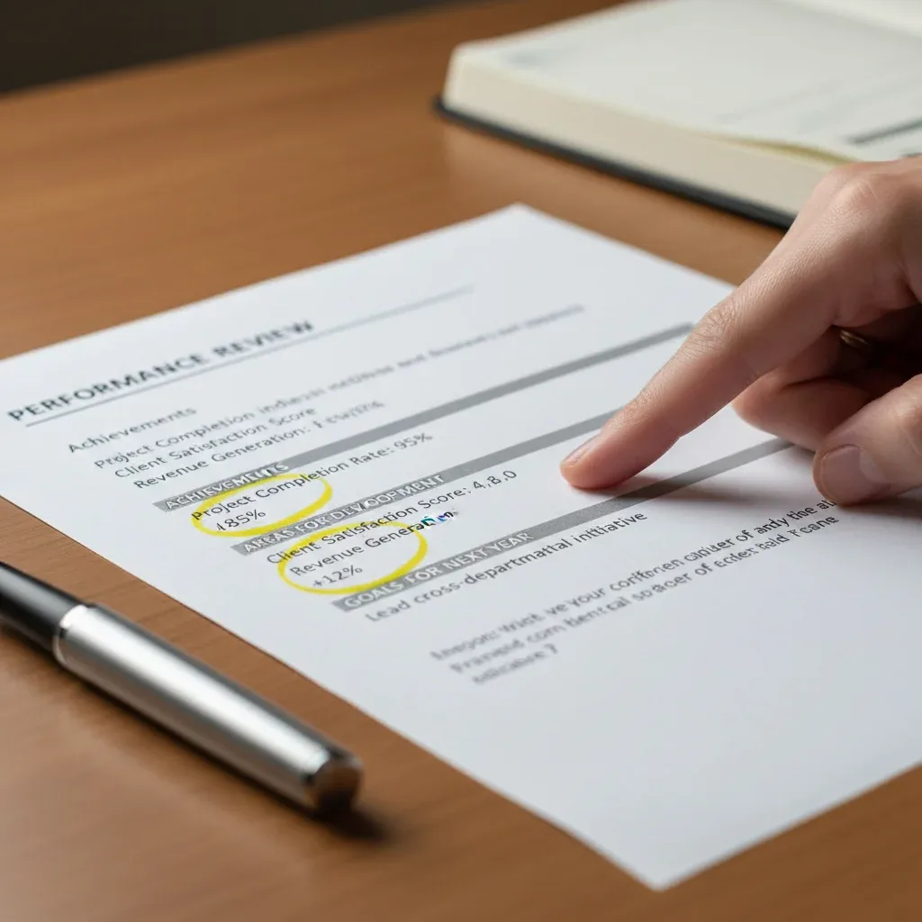 Detailed performance review document showing KPIs, crucial for annual bonus assessment.