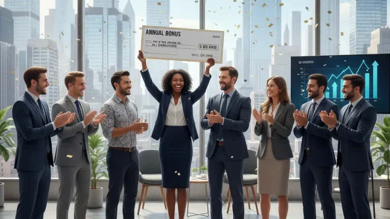 US employees celebrating annual bonus success in a modern office, symbolizing financial achievement.