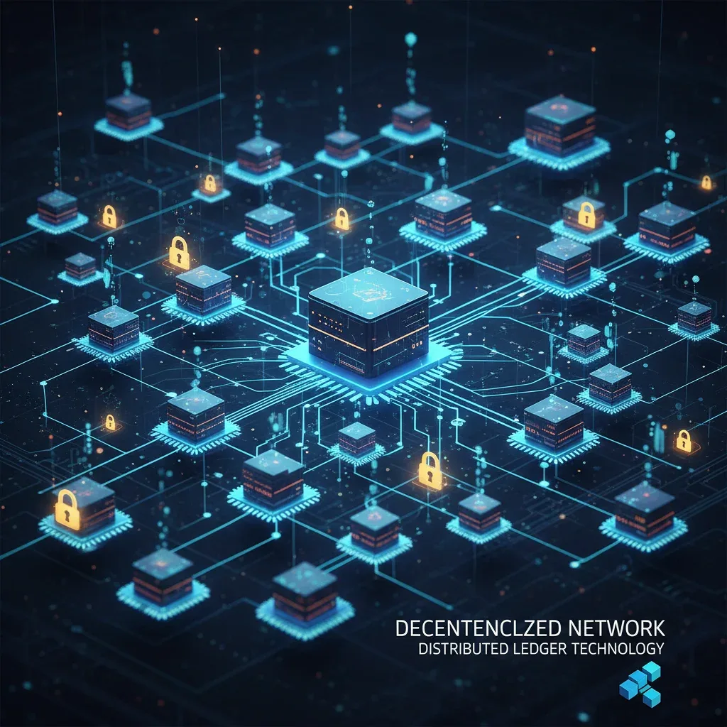 Illustration of a decentralized network with peer-to-peer computer nodes and secure data flow, representing blockchain's distributed ledger concept.