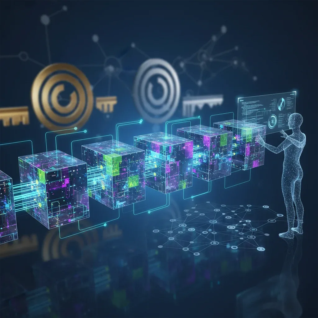 Stylized graphic illustrating blockchain core concepts with interconnected digital blocks, data flow, and cryptographic elements, symbolizing skill development in future tech.