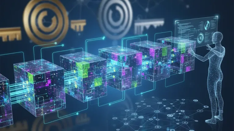 Stylized graphic illustrating blockchain core concepts with interconnected digital blocks, data flow, and cryptographic elements, symbolizing skill development in future tech.